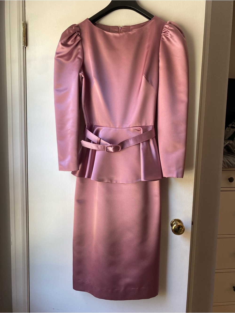 Vintage 1980s dusty rose satin peplum dress puff sleeve d belted cocktail dress